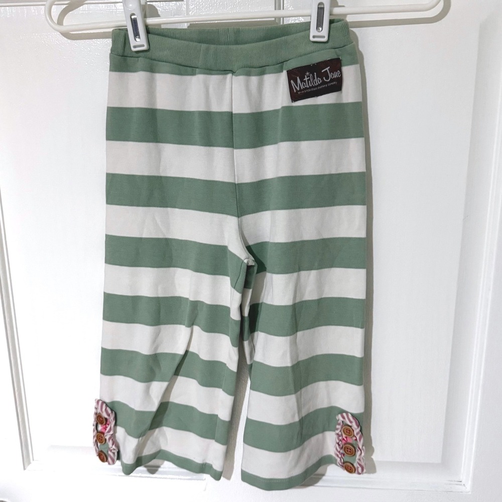 Matilda Jane Girls Green White Striped Ruffle Cuff Leggings Size 6